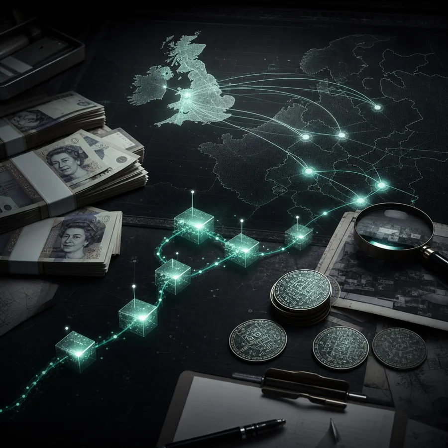 Digital illustration of a cash-to-cryptocurrency laundering network