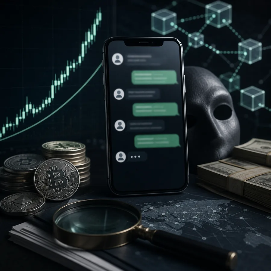 Digital illustration representing pig-butchering cryptocurrency fraud
